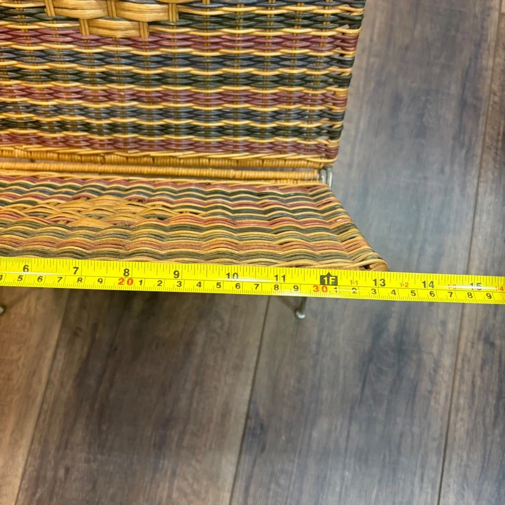 Vintage Wicker Magazine Rack Folding Metal Floor Stand Woven Boho Earth Tones